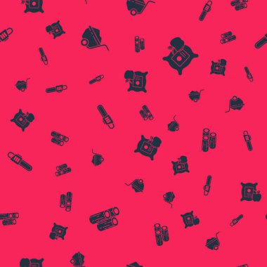 Set Wooden logs, Wheelbarrow with dirt, Chainsaw and Apple the sack on seamless pattern. Vector.