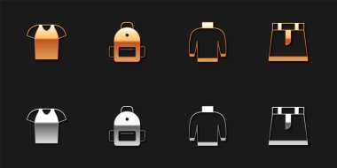 Set T-shirt, School backpack, Sweater and Skirt icon. Vector