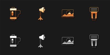 Set Camera film roll cartridge, Studio light bulb in softbox, Photo retouching and camera flash icon. Vector