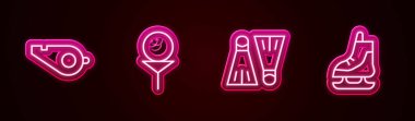 Set line Whistle, Golf ball on tee, Rubber flippers for swimming and Skates. Glowing neon icon. Vector