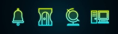 Set line Ringing bell, Pencil sharpener, Earth globe and Computer monitor. Glowing neon icon. Vector