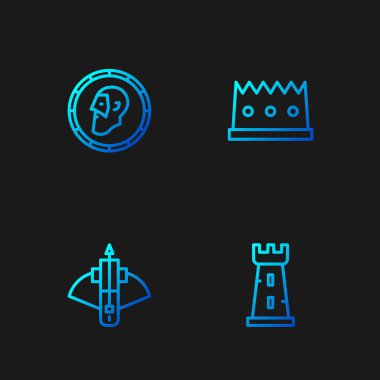 Set line Castle tower, Battle crossbow with arrow, Ancient coin and King crown. Gradient color icons. Vector