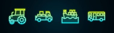 Set line Tractor, Delivery truck, Cargo ship with boxes and Bus. Glowing neon icon. Vector