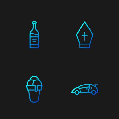 Set line Sport racing car, Ice cream, Bottle of wine and Pope hat. Gradient color icons. Vector