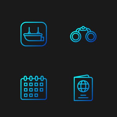 Set line Passport, Calendar, Lifeboat and Binoculars. Gradient color icons. Vector