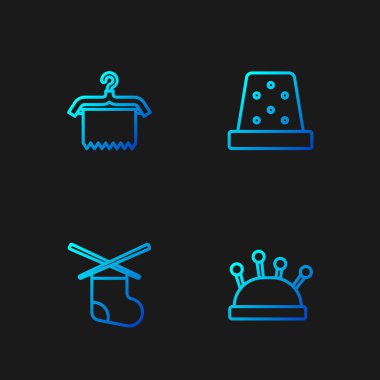Set line Needle bed and needles, Knitting, Hanger wardrobe and Thimble for sewing. Gradient color icons. Vector