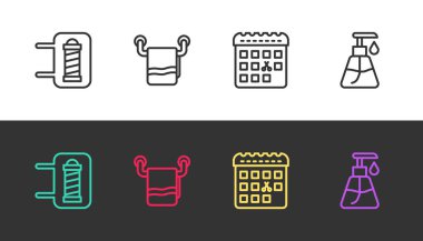 Set line Barber shop pole, Towel on hanger, Calendar with haircut day and Cream cosmetic tube on black and white. Vector