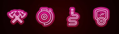 Set line Firefighter axe, Ringing alarm bell, hose reel and Gas mask. Glowing neon icon. Vector