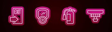 Set line Fire exit, Gas mask, extinguisher and Smoke alarm system. Glowing neon icon. Vector