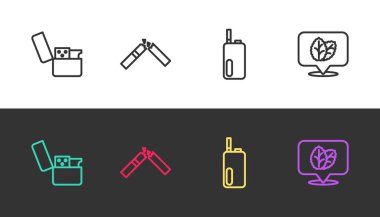 Set line Lighter, Broken cigarette, Electronic and Tobacco leaf on black and white. Vector