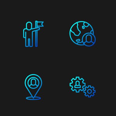 Set line Human with gear, Worker location, Man holding flag and Globe and people. Gradient color icons. Vector