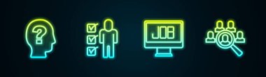 Set line Worker, Resume, Search job and Magnifying glass for search. Glowing neon icon. Vector