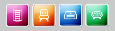 Set line Wardrobe, Armchair,  and Sofa. Colorful square button. Vector