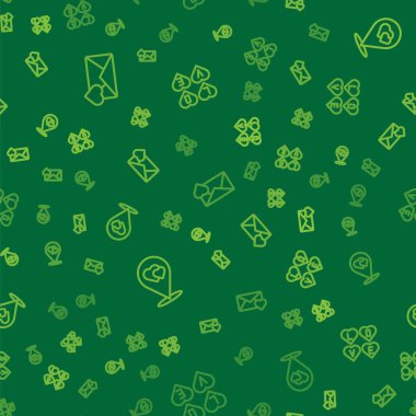 Set line Envelope with Valentine heart, Location and Love text on seamless pattern. Vector