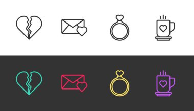 Set line Broken heart or divorce, Envelope with Valentine, Wedding rings and Coffee cup and on black and white. Vector
