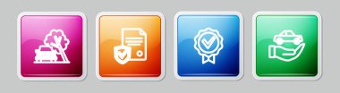 Set line Car damaged by fallen tree, Contract with shield, Approved and check mark and insurance. Colorful square button. Vector