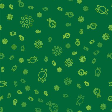 Set line Virus, Planet Saturn and Earth globe on seamless pattern. Vector