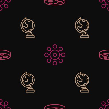 Set line Petri dish with bacteria, Earth globe and Virus on seamless pattern. Vector