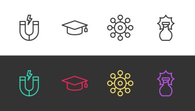 Set line Magnet, Graduation cap, Virus and Explosion in the flask on black and white. Vector