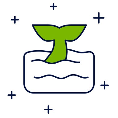 Beyaz arka planda izole edilmiş okyanus dalgası ikonu ile balina kuyruğu doldurulmuş. Vektör.