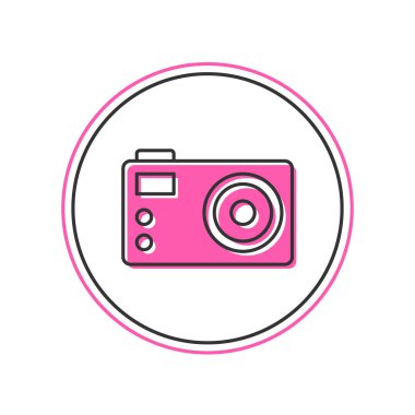 Beyaz arkaplanda izole edilmiş ana hatlı fotoğraf makinesi simgesi. Foto kamera. Dijital fotoğrafçılık. Vektör.