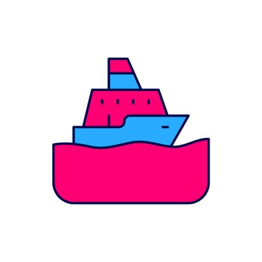 Ana hatları doldurulmuş gemi simgesi beyaz arkaplanda izole edilmiş. Seyahat turizmi deniz taşımacılığı. Yolcu gemisi, yolcu gemisi. Dünya çapında bir gezi. Vektör.