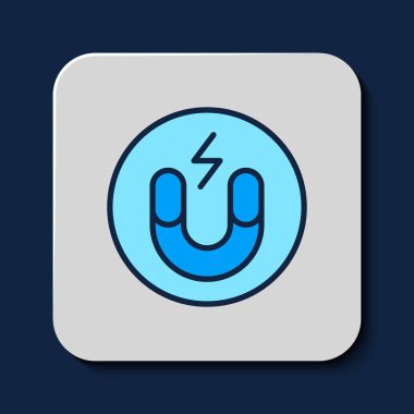 Doldurulmuş ana hatlı Magnet simgesi mavi arkaplanda izole edildi. At nalı mıknatısı, manyetizma, manyetizma, çekim. Vektör.