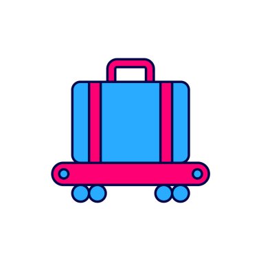 Beyaz arka planda izole edilmiş ana hat havaalanı taşıyıcı bandı, bavul, çanta, bagaj ikonu. Vektör.