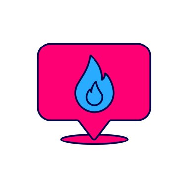 Beyaz arkaplanda izole edilmiş ateş alev ikonu ile ana hatlı harita işaretleyicisi. Yakında yangın var. Vektör.