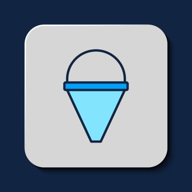 Mavi arka planda izole edilmiş Ateş Kozalağı simgesi. Metal koni kovası boş ya da yangın söndürme suyu var. Vektör.