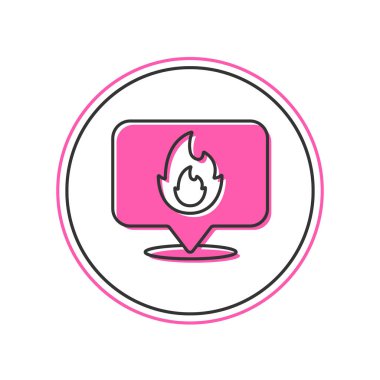 Beyaz arkaplanda izole edilmiş ateş alev ikonu ile ana hatlı harita işaretleyicisi. Yakında yangın var. Vektör.