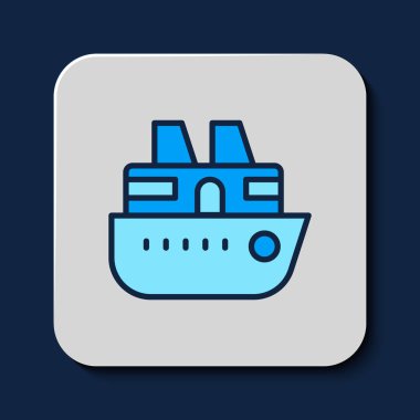 Filled outline Cruise ship icon isolated on blue background. Travel tourism nautical transport. Voyage passenger ship, cruise liner. Worldwide cruise. Vector.