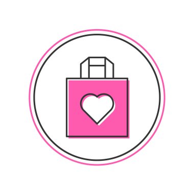 Beyaz arka planda izole edilmiş kalp simgesiyle doldurulmuş alışveriş torbası. Alışveriş torbası sevgisi kalp ikonu gibidir. Sevgililer günün kutlu olsun. Vektör.