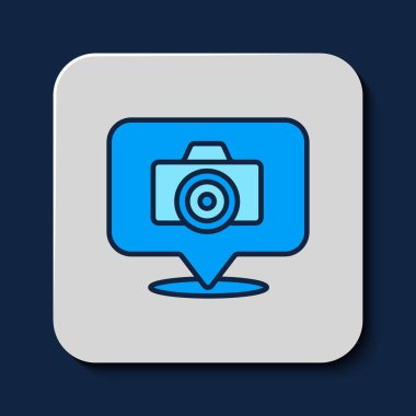 Filled outline Photo camera icon isolated on blue background. Foto camera. Digital photography. Vector.