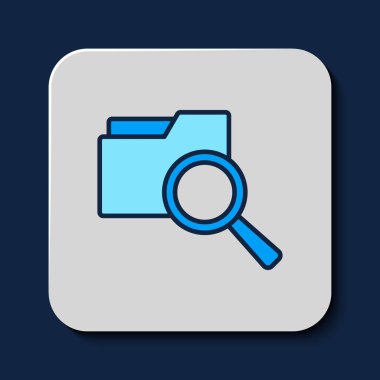Filled outline Search concept with folder icon isolated on blue background. Magnifying glass and document. Data and information sign. Vector.