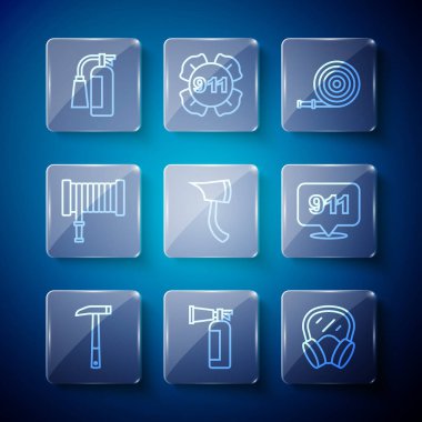 Set line Firefighter axe extinguisher Gas mask hose reel and Emergency call 911 icon. Vector.