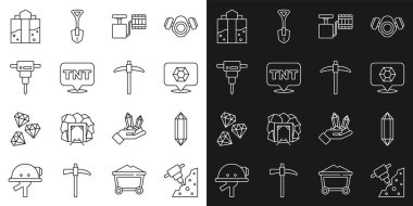 Set line Construction jackhammer Gem stone Handle detonator Dynamite Mine entrance and Pickaxe icon. Vector.
