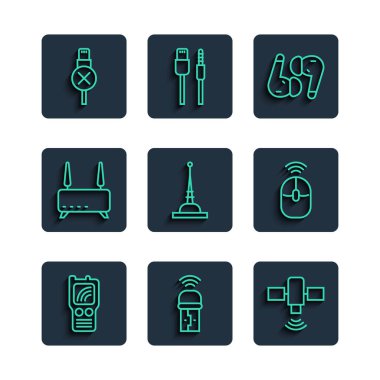 Set line Walkie talkie Usb wireless adapter Satellite Air headphones Antenna Router and wi-fi signal No usb cable cord and Wireless computer mouse icon. Vector.