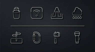 Set line Bucket Road traffic sign Cloud with rain Wooden axe Carabiner Wi-Fi wireless internet Flashlight and Tourist tent icon. Vector.