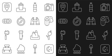Set line Moon and stars Marshmallow stick Paper towel roll Bottle of water Compass Blanket Location for camping and Binoculars icon. Vector.