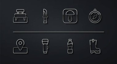 Set line Bench Location for camping Compass Bottle of water Flashlight Knife Waterproof rubber boot and Mushroom icon. Vector.