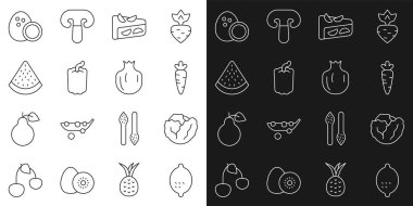 Set line Lemon Cabbage Carrot Homemade fruit pie Bell pepper Watermelon Coconut and Pomegranate icon. Vector.