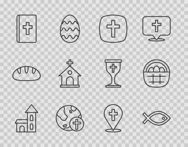 Set line Church building Christian fish symbol cross with globe Holy bible book Location church and Basket easter eggs icon. Vector.