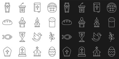 Set line Easter egg Willow leaf cake Holy bible book Church pastor preaching Christian bread Coffin and building icon. Vector.