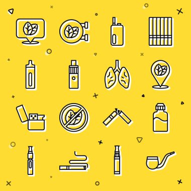 Set line No pipe smoking Vape liquid bottle Tobacco leaf Electronic cigarette mod device and Lungs icon. Vector.