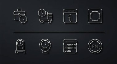 Set line Work time Antique clock Sun Calendar Clock Delivery truck and Day and icon. Vector.