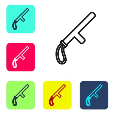 Siyah çizgi polis kauçuk çubuk simgesi beyaz arka planda izole edildi. Kauçuk copu. Polis yarasası. Polis ekipmanları. Renkli kare düğmelerle simgeleri ayarla. Vektör.