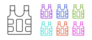 Beyaz arka planda izole edilmiş kurşun ikonundan korunmak için siyah çizgili kurşun geçirmez yelek. Vücut zırhı işareti. Askeri kıyafetler. Simgeleri renklendirin. Vektör.