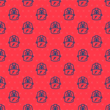 Mavi çizgi itfaiyeci kaskı ya da itfaiyeci şapkası ikonu kırmızı arka planda izole edilmiş pürüzsüz desen. Vektör.