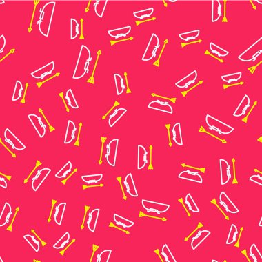 Line Bow and arrow in quiver icon isolated seamless pattern on red background.  Vector